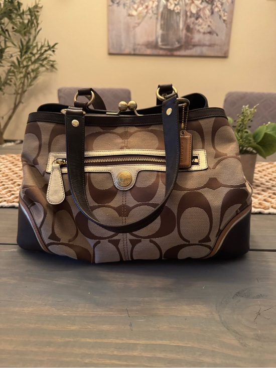 Coach Handbags - Coach Brown Signature Canvas Shoulder Bag with Dark Brown Trim